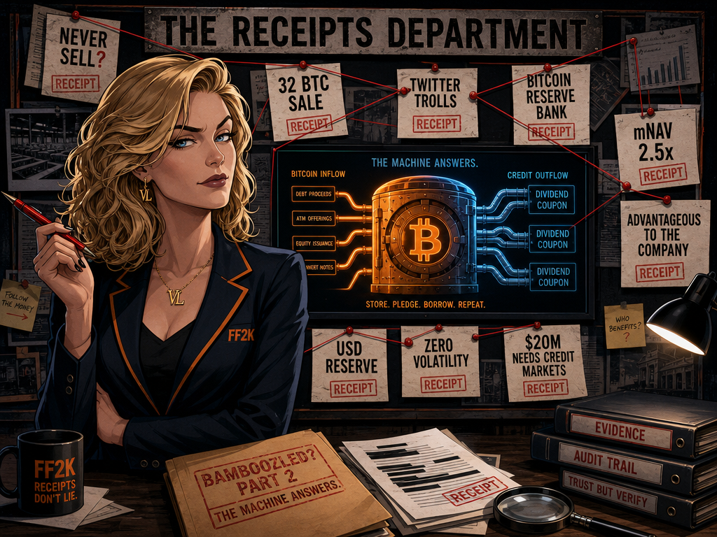 Vera Ledger stands before an evidence wall connecting never sell, Digital Credit, Bitcoin reserve bank, mNAV, USD reserve, and Strategy's capital machine.