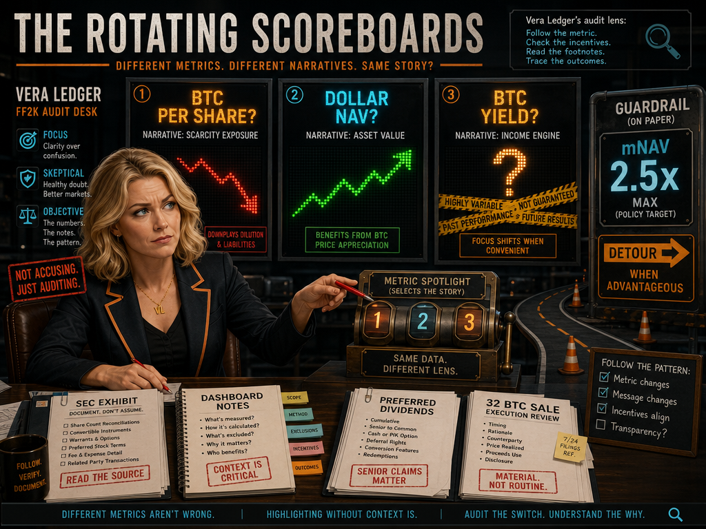 Vera Ledger audits rotating Strategy scoreboards for BTC per share, dollar NAV, BTC Yield, and mNAV guardrails.