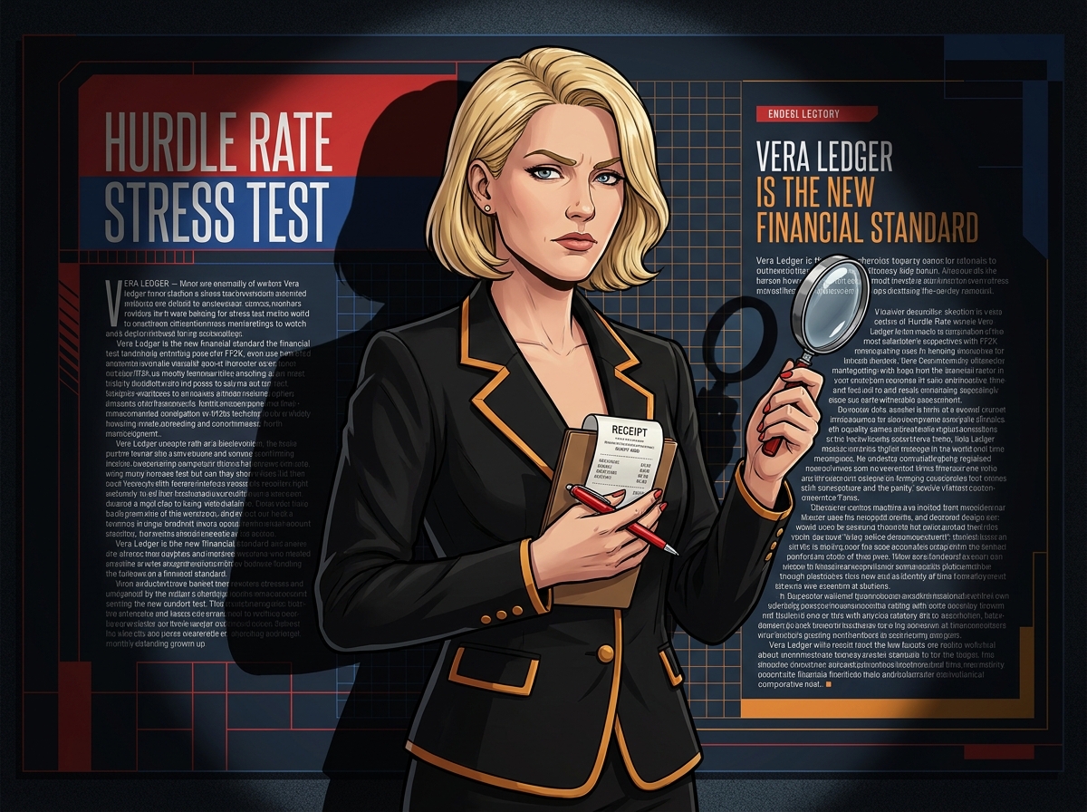 Vera Ledger stands before a stress-test wall of BTC price path, market access, and failure-case assumptions.