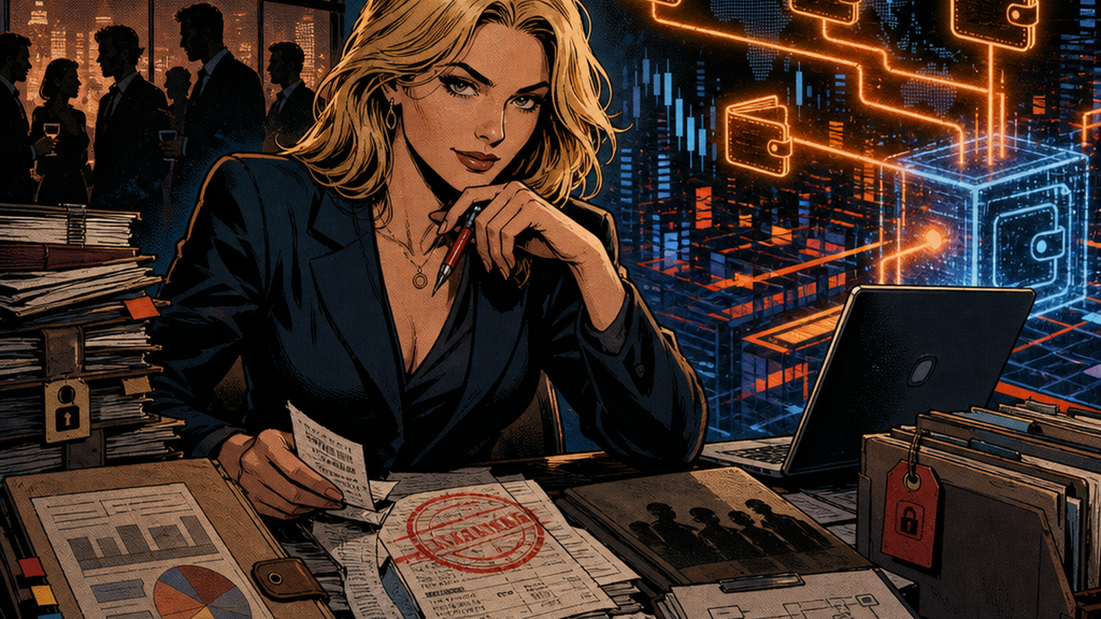 Vera Ledger in a comic-noir audit newsroom reviewing political money folders, wallet rails, token charts, disclosures, lockups, and receipts under blue and orange FF2K lighting.