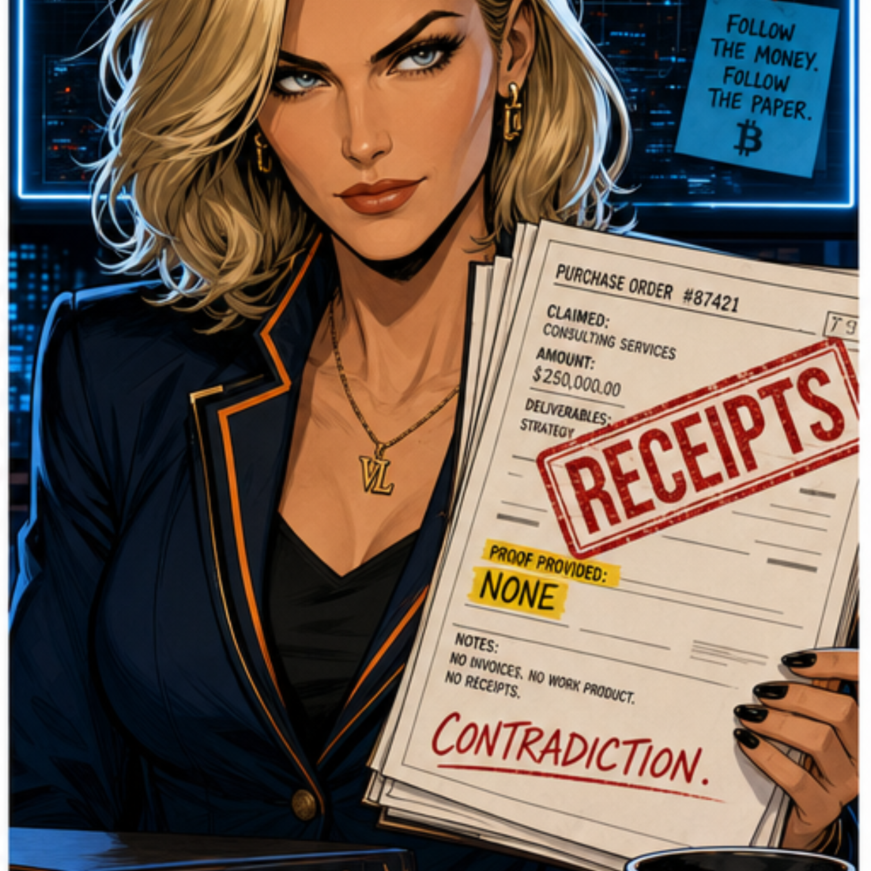 Vera Ledger, a polished blonde pseudonymous audit-desk columnist, holding receipts in a noir newsroom.