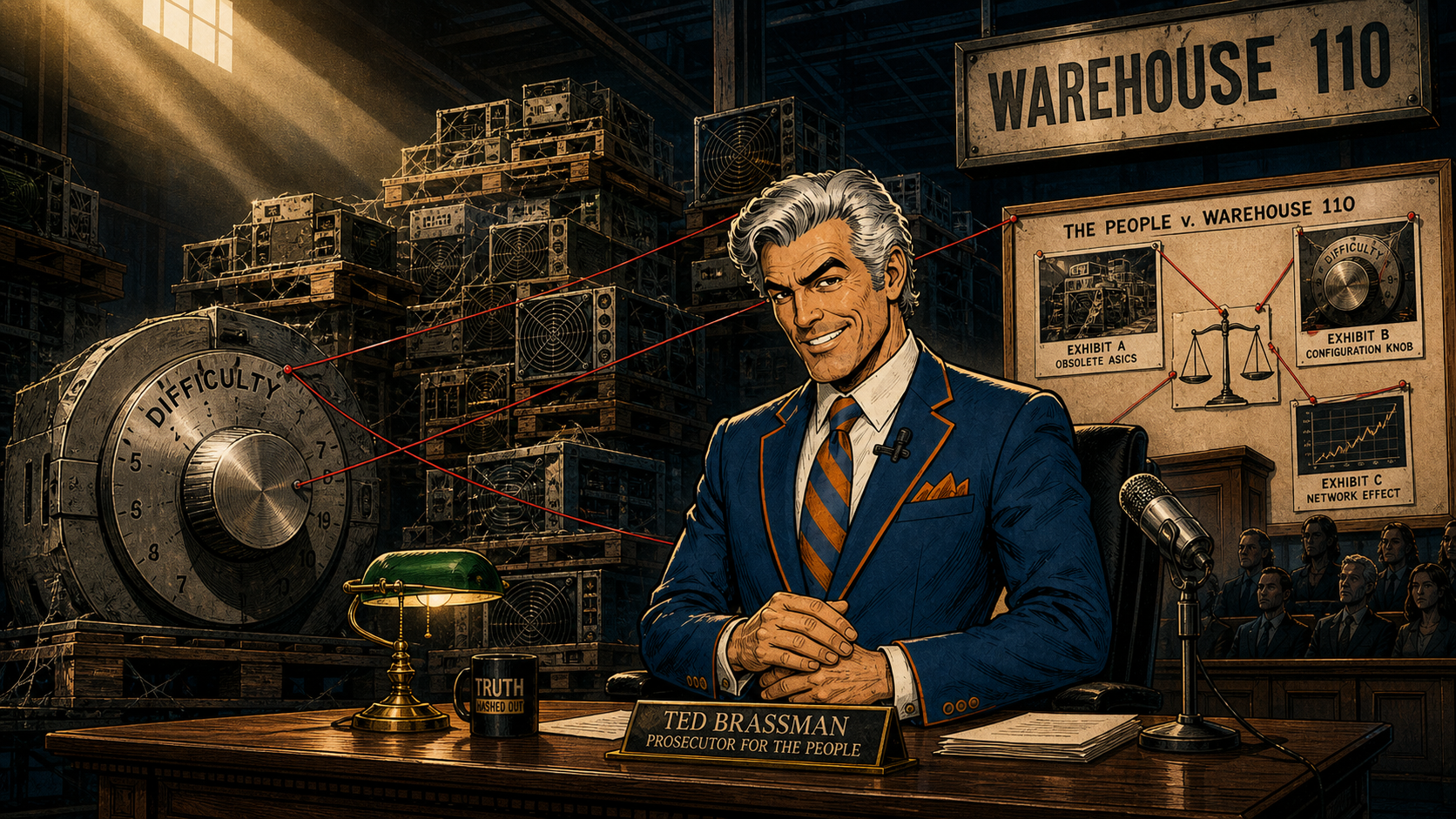 Ted Brassman presides over a courtroom-newsroom inside Warehouse 110, surrounded by obsolete ASIC miners and an absurd evidence board.