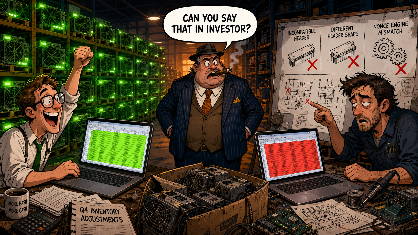 Exhibit D: the inventory spreadsheet turns green, the engineer speaks, and reality changes it back to red.
