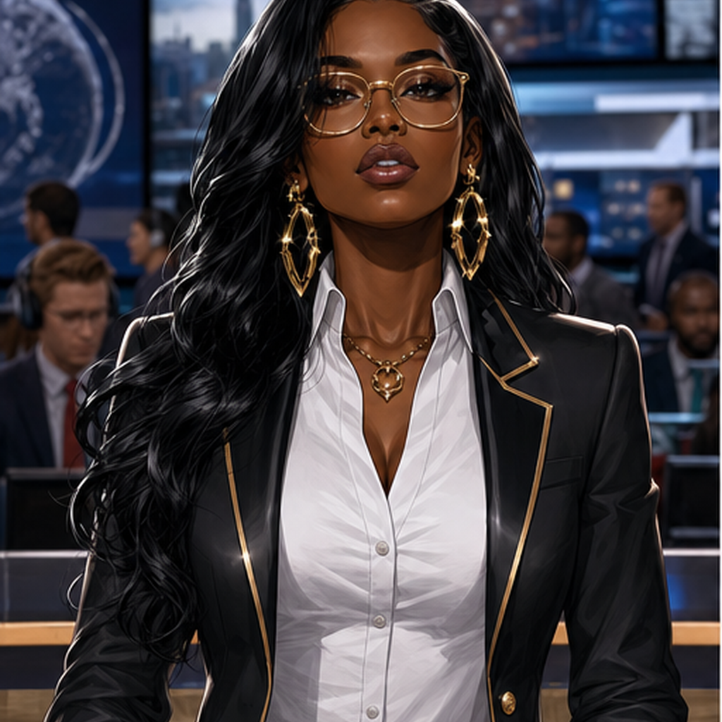Ebony I seated at a cinematic FF2K news desk in a black blazer with orange accents.