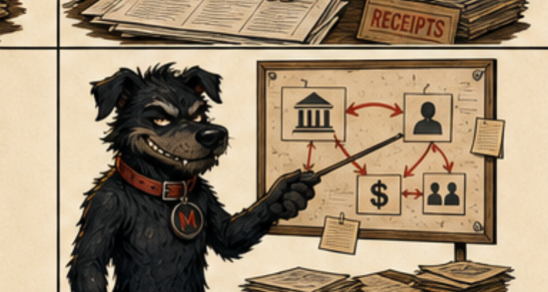 Mutley in a noir alley as a fictional dog avatar standing guard.