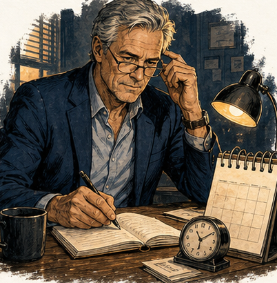 Silas North at his desk with a clock and calendar