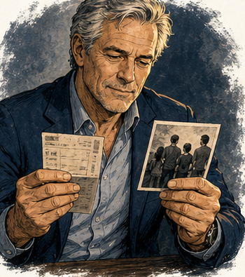 Silas North holding a family photo and an old travel ticket.