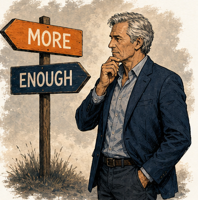 Silas North beside MORE and ENOUGH signs