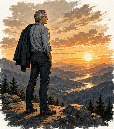 Silas North at a mountain overlook at sunset.