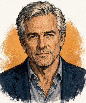 Silas North, a silver-haired FF2K essayist in a navy jacket and open collar.