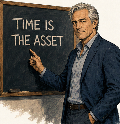 Silas North pointing at a chalkboard that says TIME IS THE ASSET.