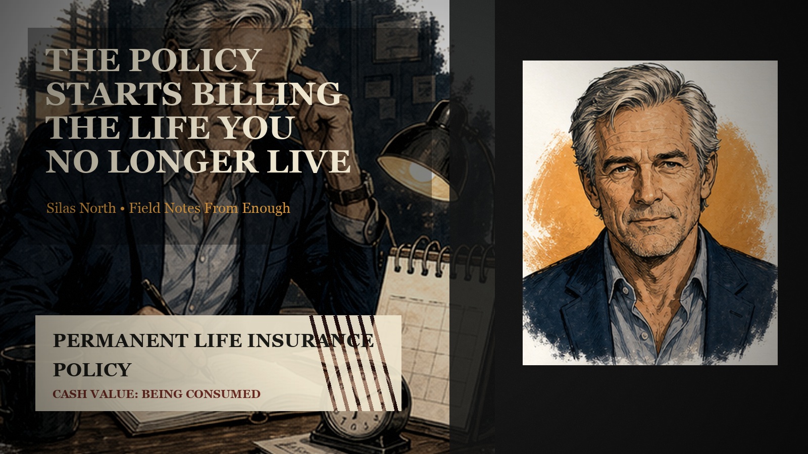 Silas North beside policy paperwork as cash value is consumed by rising insurance costs.