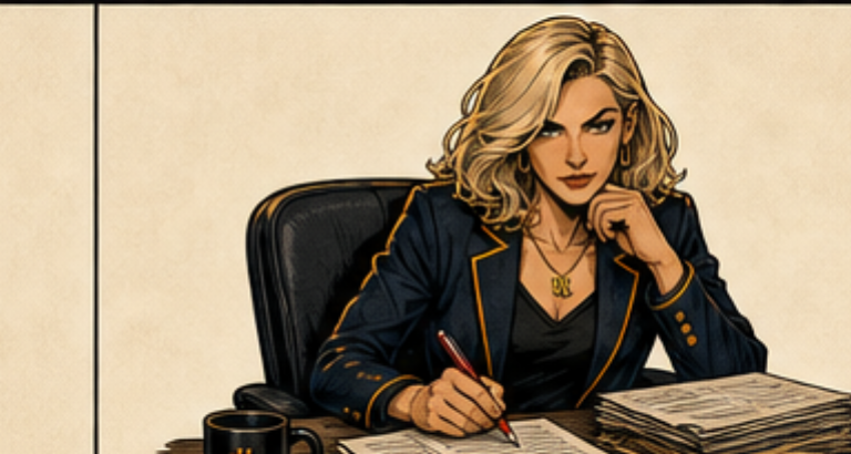 Vera Ledger reviewing documents at a ledger desk.